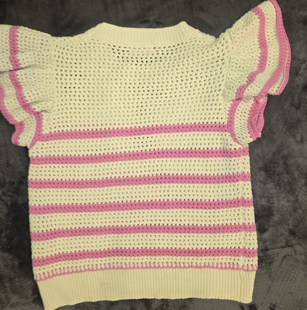 Striped Knit Short Sleeve Sweater With Ruffle Cap Sleeve Coquette Girly Preppy - Picture 4 of 4